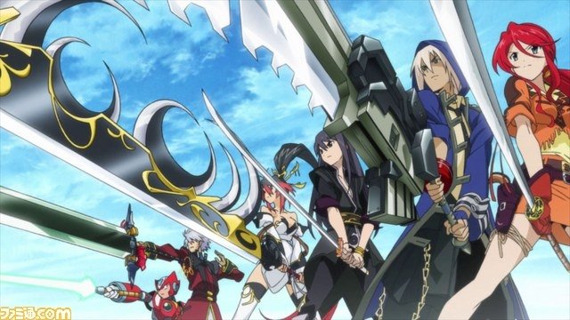 00s 10s 2girls 4boys banpresto bare_shoulders belt black_hair blonde_hair blue_sky buckle capcom chain cloud crossover day epic foreshortening fringe_trim from_below gemini_sunrise gloves god_eater god_eater_burst group_picture group_profile hood huge_weapon lineup long_hair mega_man_(series) mega_man_x_(series) multiple_boys multiple_crossover multiple_girls namco nanbu_kaguya profile project_x_zone red_hair sakura_taisen sakura_taisen_v sanger_zonvolt sky soma_schicksal spread_legs standing sunrise_stance super_robot_wars super_robot_wars_og_saga_mugen_no_frontier super_robot_wars_original_generation sword tales_of_(series) tales_of_vesperia thighhighs weapon white_hair yuri_lowell zero_(mega_man)