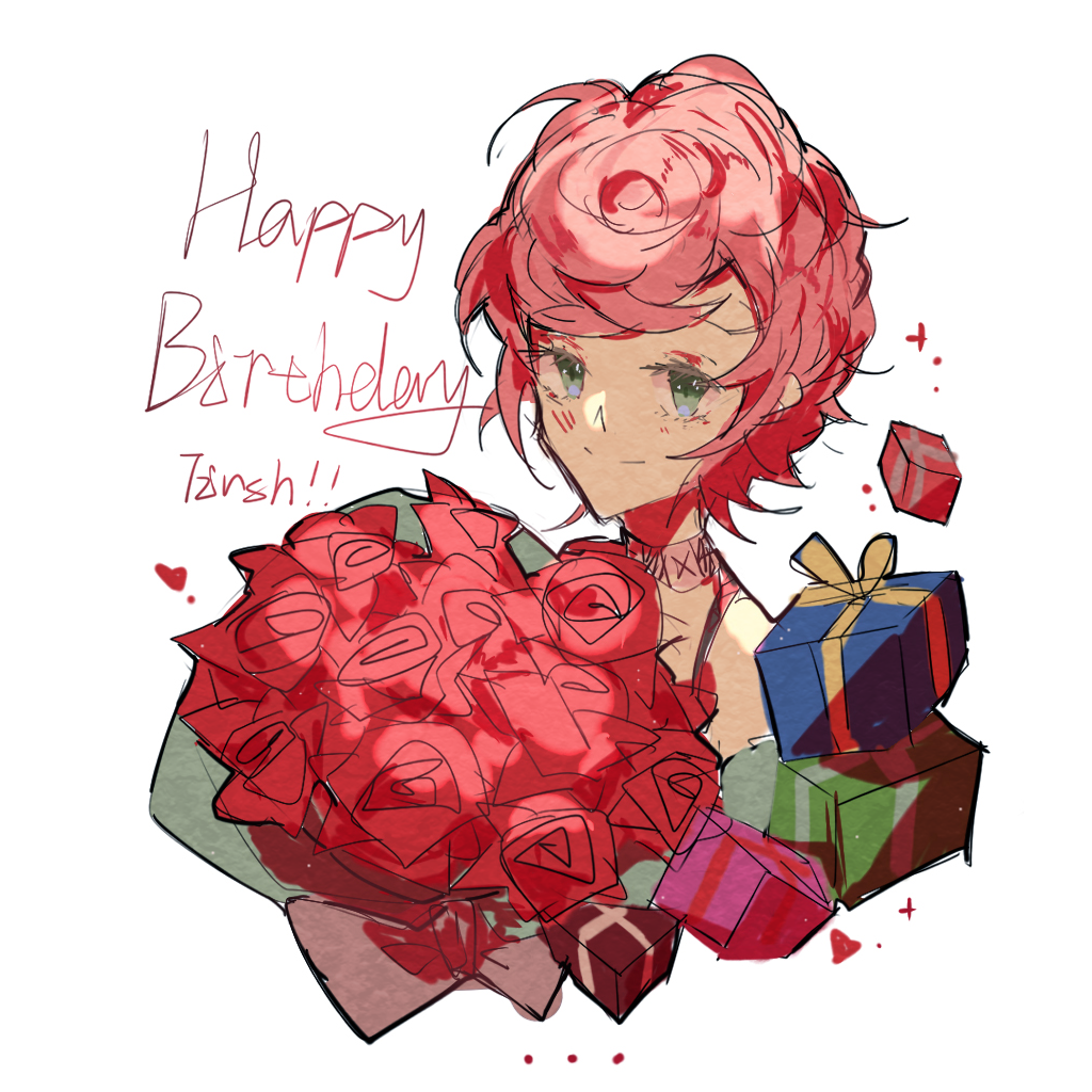 1girl bare_shoulders birthday blue_eyes bouquet character_name chinese_commentary choker closed_mouth commentary_request cropped_torso curly_hair dinned english_text eyelashes flower gift happy happy_birthday heart holding holding_bouquet jojo_no_kimyou_na_bouken light_blush pink_choker pink_hair plus_sign red_flower red_rose red_tank_top rose short_hair simple_background smile solo sparkle tank_top trish_una vento_aureo white_background