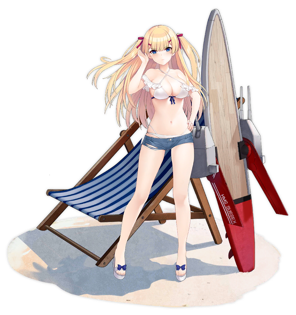 1girl allenes azur_lane bare_legs bare_shoulders beach_chair bikini bikini_under_clothes blonde_hair blue_eyes blue_shorts breasts cleavage criss-cross_halter deck_chair denim denim_shorts female_focus frilled_bikini frills front-tie_bikini_top front-tie_top frown hair_ornament hair_ribbon hairclip halterneck hand_on_own_hip hand_up large_breasts long_hair looking_at_viewer micro_shorts navel official_alternate_costume official_art ribbon sandals ship_turret shorts solo standing stomach surfboard sussex_(azur_lane) sussex_(sunlit_tulips)_(azur_lane) swimsuit thighs torn_clothes torn_shorts transparent_background two_side_up white_bikini