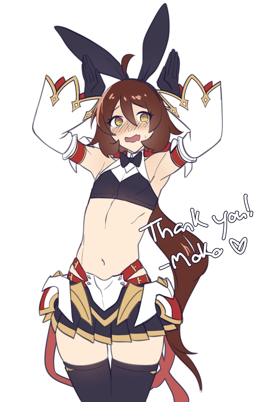 1boy @_@ ahoge animal_ear_hairband animal_ears armored_skirt astolfo_(fate) astolfo_(saber)_(fate) astolfo_(saber)_(fate)_(cosplay) astolfo_(saber)_(first_ascension)_(fate) bare_shoulders black_bow black_bowtie blush bow bowtie brown_hair cosplay cowboy_shot crossdressing crossdressing_(mtf) eyelashes fake_animal_ears gold_trim hair_between_eyes hairband highres long_hair low_ponytail male_focus mokotoko9 navel original pleated_skirt ponytail rabbit_ears rabbit_pose simple_background skirt solo thank_you thighhighs trap very_long_hair white_background wide_sleeves yellow_eyes zettai_ryouiki