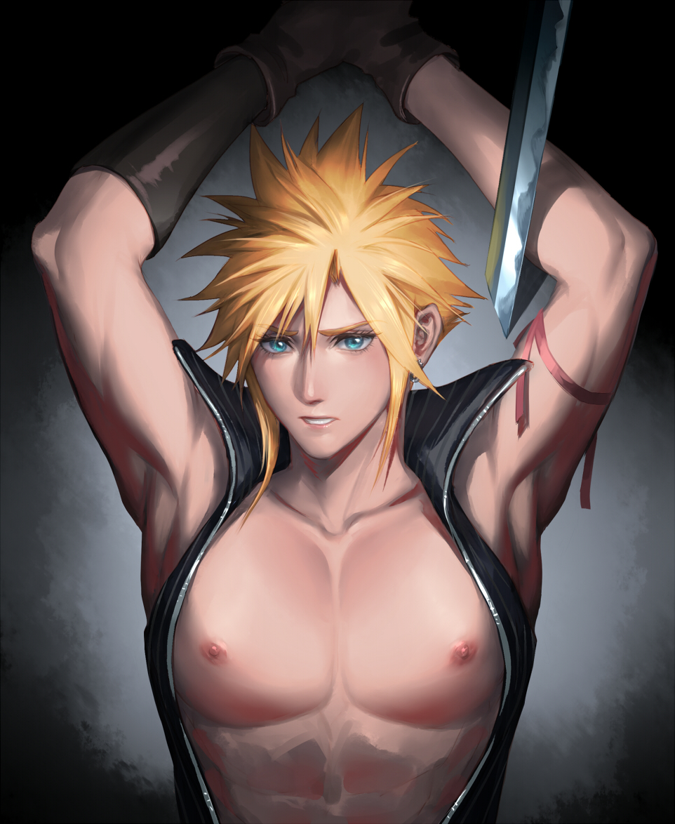 1boy aqua_eyes arm_up armpits arms_behind_head asymmetrical_gloves black_gloves black_shirt blonde_hair blush breast_mousepad cloud_strife collarbone earrings eilinna final_fantasy final_fantasy_vii final_fantasy_vii_advent_children furrowed_brow gloves grey_background hair_between_eyes high_collar jewelry male_focus masamune_(ff7) mousepad open_clothes open_shirt parted_lips pectorals pink_ribbon ribbon shirt short_hair single_earring sleeveless sleeveless_shirt solo spiked_hair toned toned_male upper_body