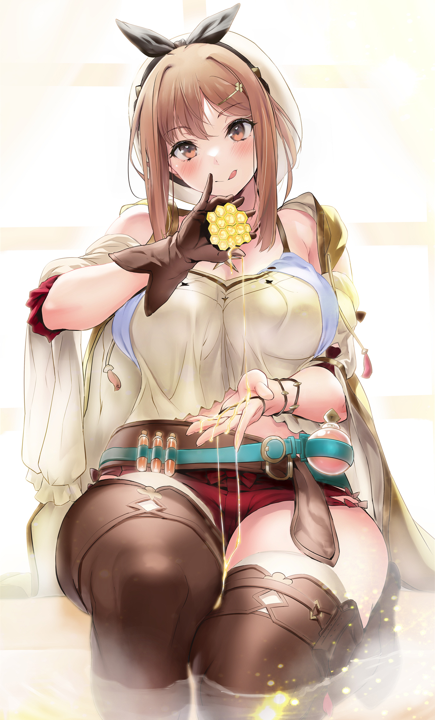 1girl :q atelier_(series) atelier_ryza atelier_ryza_1 belt beret blush breasts brown_belt brown_eyes brown_gloves brown_hair brown_thighhighs cleavage gloves hair_ornament hairclip hat highres honey honeycomb_(object) jewelry large_breasts licking_lips looking_at_viewer necklace red_shorts reisalin_stout shino_(comic_penguin_club) short_hair short_shorts shorts single_glove sitting smile solo star_(symbol) star_necklace test_tube thick_thighs thighhighs thighs tongue tongue_out water white_hat