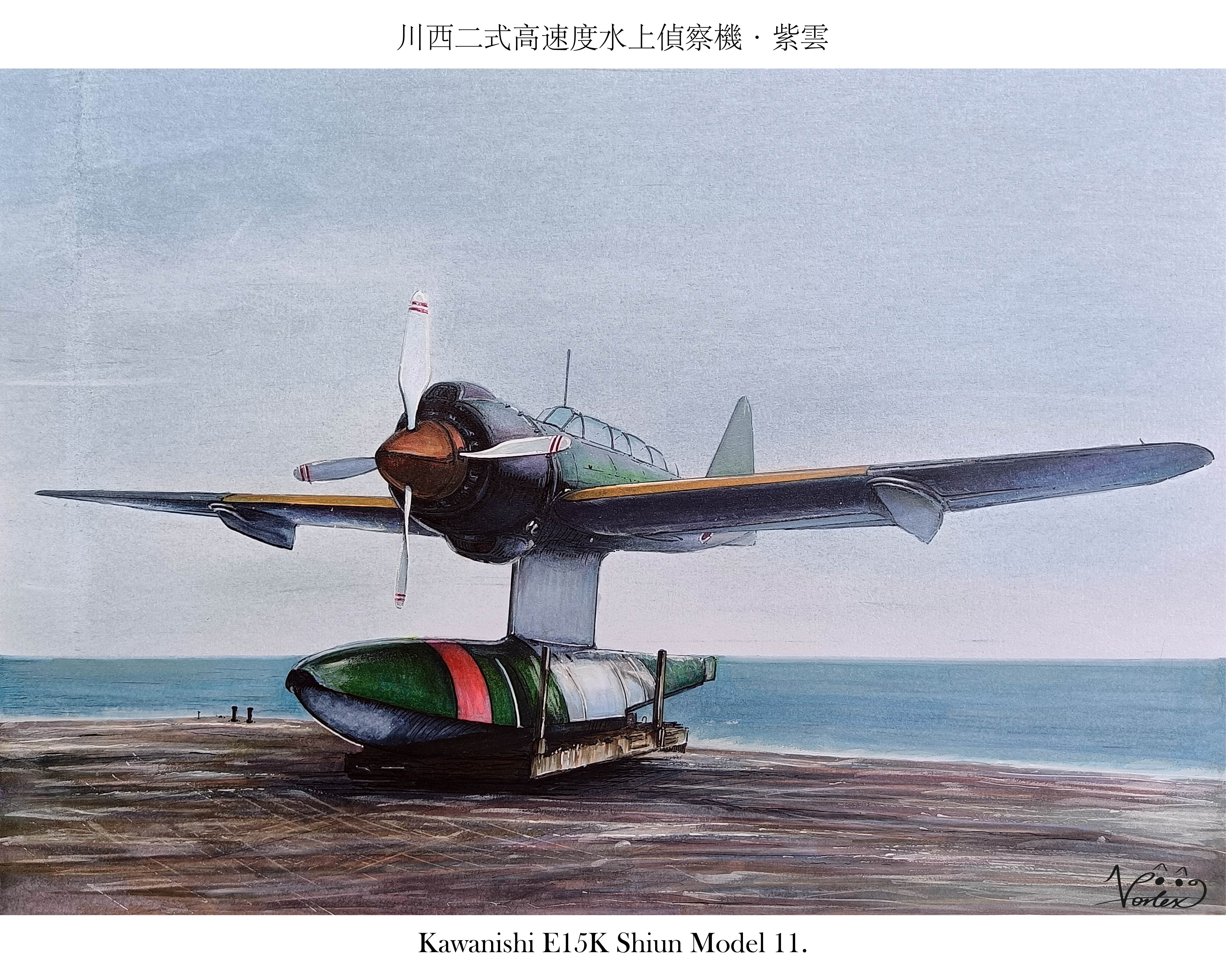 absurdres aircraft airplane english_text floatplane highres imperial_japanese_navy kawanishi_e15k military no_humans ocean oil_painting_(medium) original outdoors painting_(medium) photo-referenced pier propeller seaplane traditional_media vehicle_focus vortex_(xu_xuanwo)