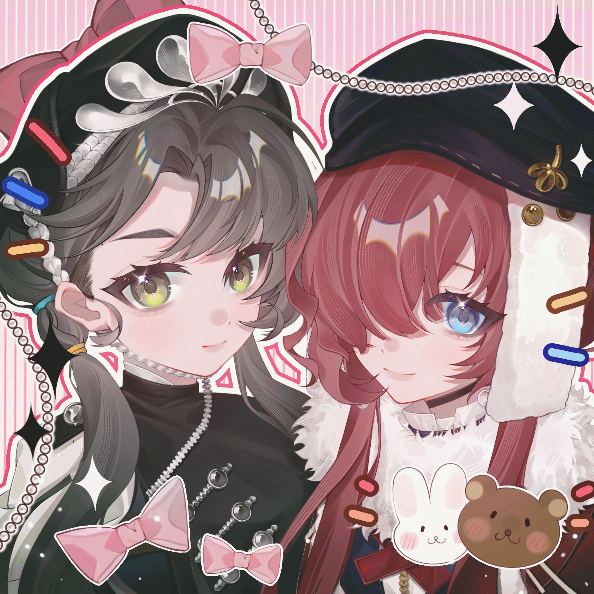 2girls artist_request bear beret black_dress black_hair black_hat blue_eyes bow newsboy_cap cape chin_strap commission cross_tie dress fur-trimmed_cape fur_trim green_eyes hair_over_one_eye hat highres liang_yue_(reverse:1999) long_hair long_sidelocks looking_at_viewer low_twintails multiple_girls one_eye_covered pink_background pink_bow police police_uniform policewoman rabbit red_hair reverse:1999 second-party_source sidelocks smile sparkle striped_background twintails upper_body vertical-striped_background yenisei_(reverse:1999)