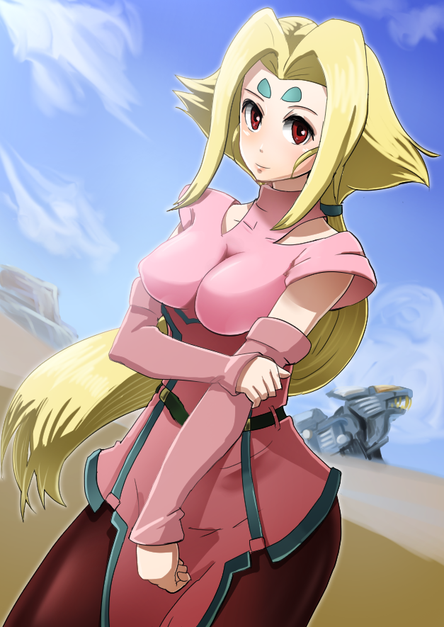1girl blade_liger blonde_hair blue_sky boris_(noborhys) breasts day desert detached_sleeves dutch_angle facial_mark fiona_(zoids) forehead_mark hand_on_own_arm impossible_clothes long_hair looking_at_viewer mecha medium_breasts oomoto_makiko outdoors red_eyes robot short_sleeves sky solo standing very_long_hair zoids
