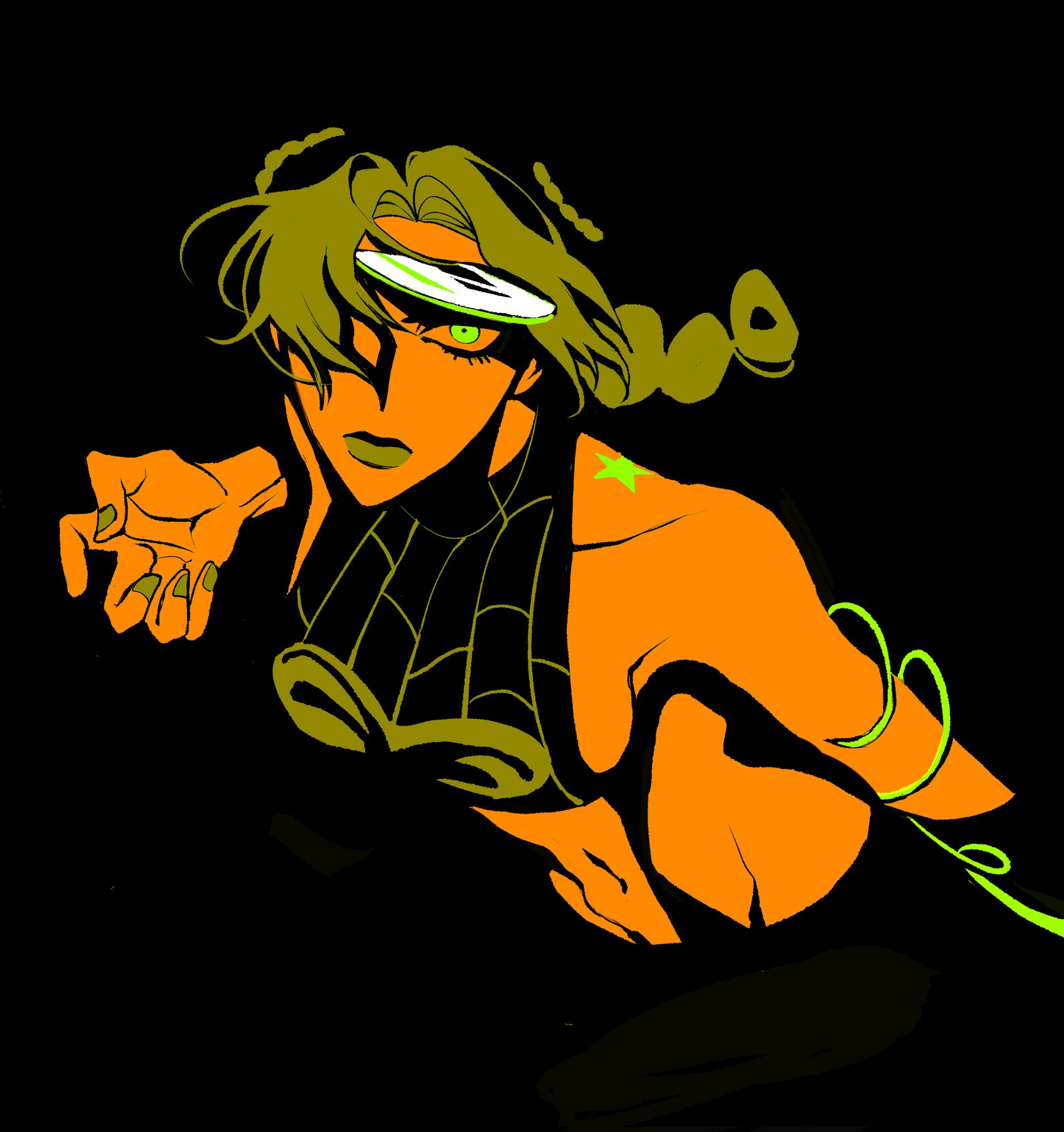 1girl birthmark black_shirt braid breasts cd clamchowder55 colored_skin crop_top green_eyes green_hair green_nails highres joestar_birthmark jojo_no_kimyou_na_bouken kuujou_jolyne looking_at_viewer medium_breasts navel orange_skin parted_bangs shirt single_braid spider_web_print stone_ocean string