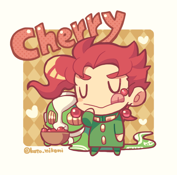 1boy beak blush_stickers border bowl cherry chibi chibi_only closed_eyes commentary earrings eating english_commentary food fruit full_body green_gakuran green_jacket heart holding holding_bowl jacket jewelry jojo_no_kimyou_na_bouken kakyoin_noriaki kotorai licking_lips male_focus no_nose red_hair stand_(jojo) standing tongue tongue_out twitter_username u_u white_border