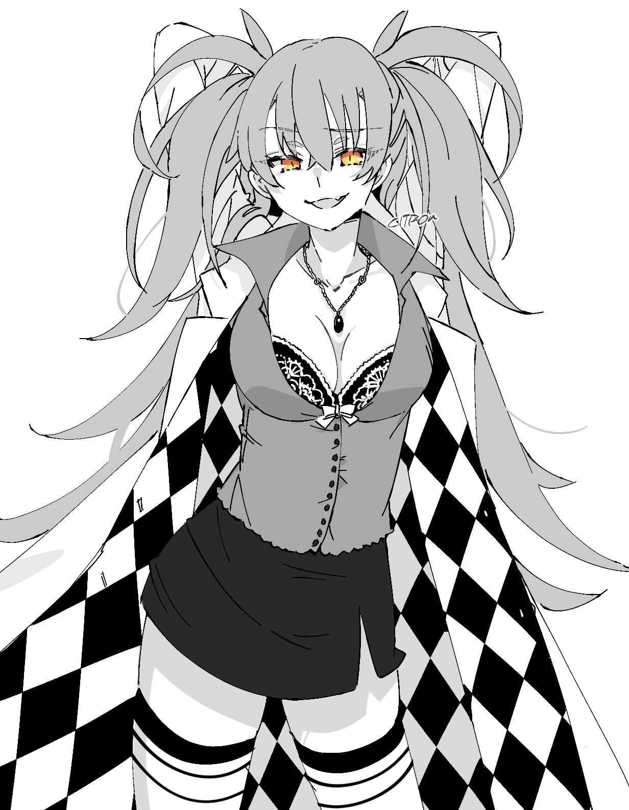 1girl bra bra_visible_through_clothes breasts citron80citron collar dr._arach greyscale highres large_breasts long_hair looking_at_viewer monochrome smug tsukihime tsukihime_(remake) underwear white_background