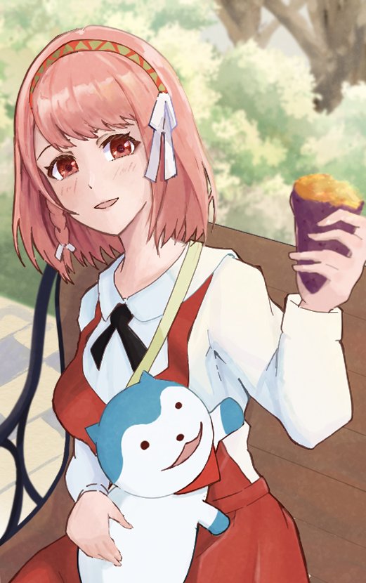 1girl 1other bandana bandana_around_neck blue_fur braid breasts fire_emblem fire_emblem_engage hair_ribbon hairband lapis_(fire_emblem) looking_at_viewer nintendo pink_eyes pink_hair red_bandana red_hairband ribbon side_braid small_breasts smile sommie_(fire_emblem) strixinkagoshim two-tone_fur two-tone_hairband white_ribbon