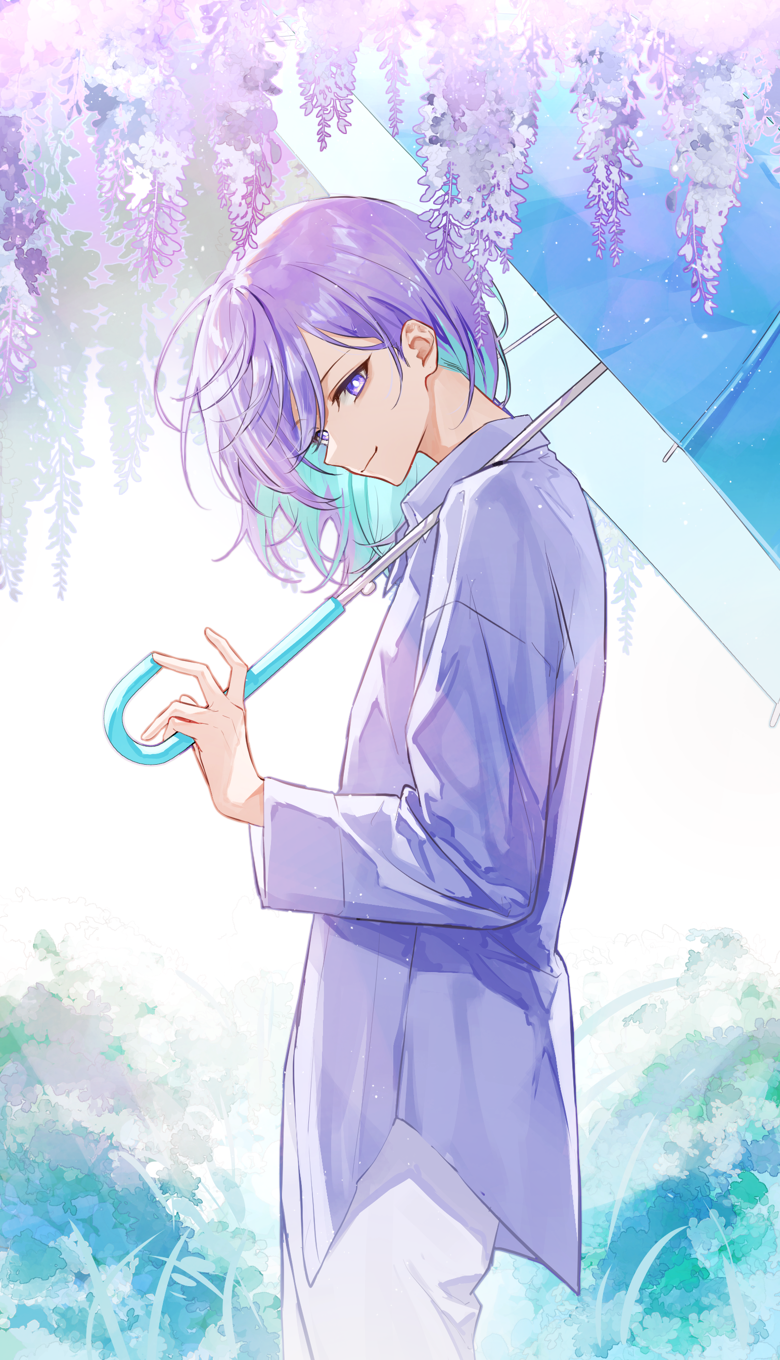 1boy absurdres blue_umbrella flower from_side hair_between_eyes highres holding holding_umbrella long_hair long_sleeves looking_at_viewer male_focus multicolored_hair nyamnyam0502 pants paradox_live parted_bangs purple_eyes purple_flower purple_hair purple_shirt shirt smile solo two-tone_hair umbrella watercolor_effect white_pants wisteria yatonokami_kanata