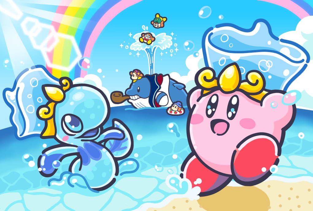 backwards_hat beach beanie blush_stickers cloud commentary_request copy_ability day driblee fatty_whale hat headphones innertube kirby kirby_star_allies kirby_(series) lens_flare nintendo no_humans ocean official_art rainbow smile swim_ring swimming waddle_dee water_kirby whale