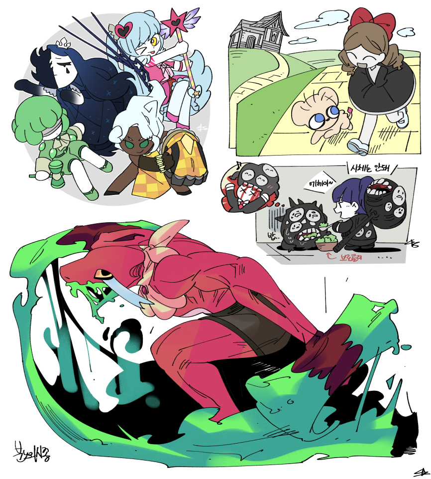 1other 5girls black_eyes blindfold blood blue_hair bow brown_hair colored_skin dark-skinned_female dark_skin dress e.g.o_(project_moon) employee_(project_moon) feeding floating_hair force_(4sk_force) gauntlets green_blood green_hair hair_bow hammer king_of_greed knight_of_despair library_of_ruina lobotomy_corporation long_hair looking_at_viewer monster mountain_of_smiling_bodies multiple_girls nugget_(project_moon) open_mouth project_moon queen_of_hatred red_bow red_skin road_home_(project_moon) salad scaredy_cat_(project_moon) servant_of_wrath short_hair single_gauntlet smile_(e.g.o) standing standing_on_one_leg two_side_up very_long_hair white_hair yellow_dress