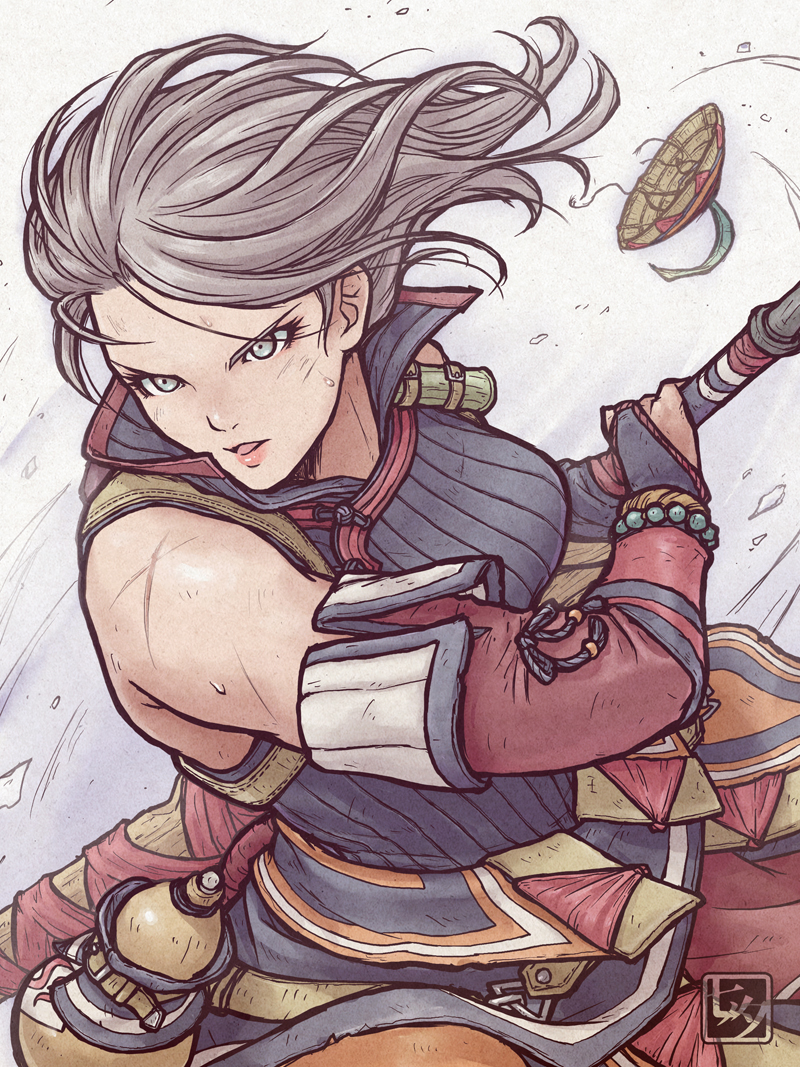 1girl ajirogasa bead_bracelet beads blue_eyes bracelet breasts bridal_gauntlets cross_scar fighting_stance floating_hair gourd grey_hair hat high_collar jewelry medium_breasts medium_hair monster_hunter_(character) monster_hunter_(series) open_mouth pink_lips ready_to_draw scabbard scar scar_on_shoulder sheath solo sweat sword tanabanata v-shaped_eyebrows weapon yukumo_(armor)