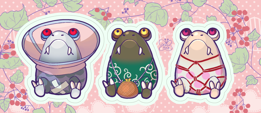 artist_name berry blue_sclera brown_sclera bulborb closed_mouth coin_purse colored_sclera crossed_bandaids dokumushi-rock dotted_line fangs fangs_out heart leaf looking_up nintendo nostrils orange_bulborb outline pet_cone pikmin_(series) pink_background pink_eyes polka_dot polka_dot_background red_bag red_eyes shibari sitting snow_bulborb watermark white_outline yellow_eyes