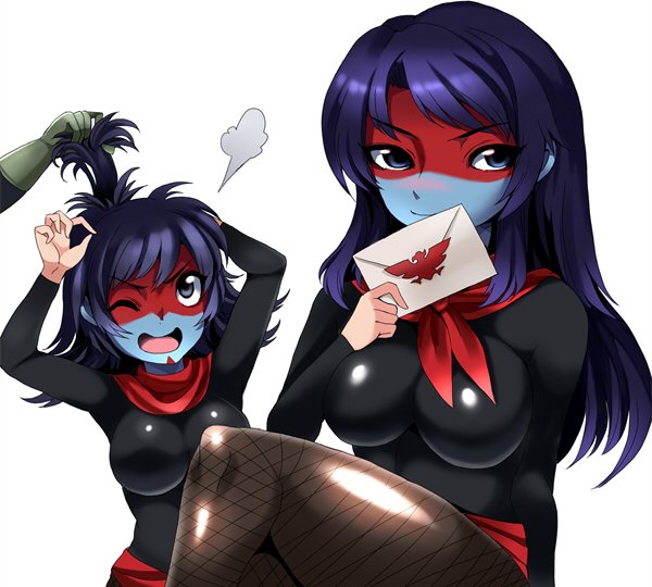 774_msk black_leotard blue_skin breasts colored_skin covered_collarbone fishnet_top fishnets large_breasts leotard long_hair red_sash red_scarf red_skin sash scarf shocker_(kamen_rider) shocker_female_combatant