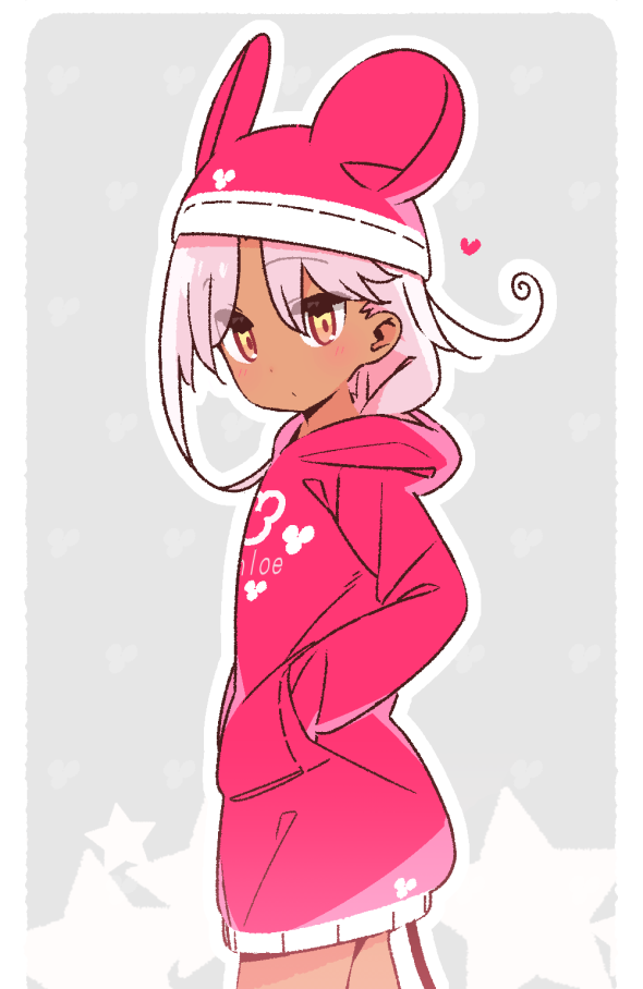 1girl character_name chloe_von_einzbern closed_mouth clothes_writing commentary dark-skinned_female dark_skin dot_mouth fate/kaleid_liner_prisma_illya fate_(series) from_side grey_background hair_between_eyes hands_in_pockets hat hat_with_ears heart hood hood_down jacket long_hair long_sleeves looking_at_viewer looking_to_the_side outline pink_hair pink_hat pink_jacket simple_background solo white_outline yellow_eyes yoru_nai