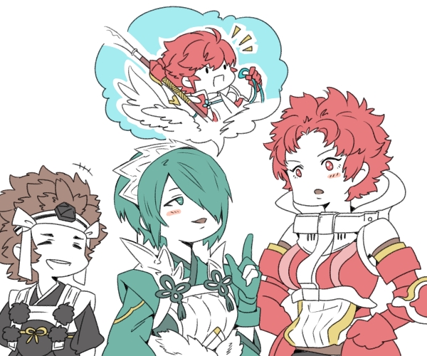 1boy 3girls aqua_hair armor azama_(fire_emblem) big_hair brown_hair closed_eyes fire_emblem fire_emblem_awakening fire_emblem_fates green_eyes hair_over_one_eye headband hinoka_(fire_emblem) hotate_rayan japanese_clothes multiple_girls nintendo red_armor red_hair setsuna_(fire_emblem) sully_(fire_emblem)