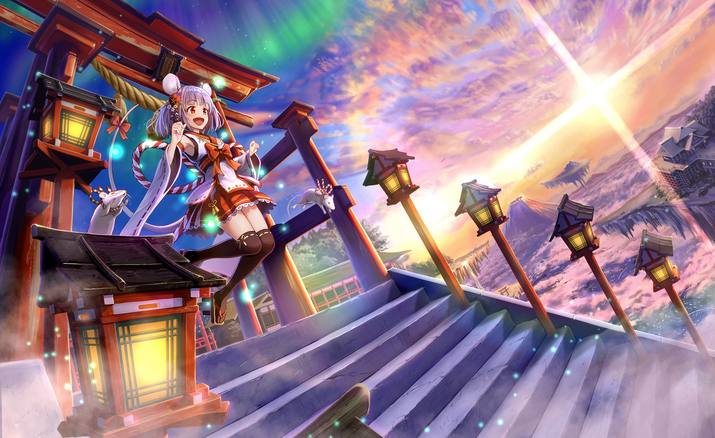 1girl animal_ears aurora black_thighhighs blouse bob_cut bow brown_footwear building chinese_zodiac cloud cloudy_sky commentary_request detached_sleeves dutch_angle floating_island fog geta gradient_sky grey_hair hair_ornament highres japanese_clothes jumping lace lace-trimmed_skirt lace_trim lamppost light_particles macha0331 miniskirt mountain mouse_(animal) mouse_ears mouse_girl mouse_tail new_year open_mouth original outdoors pleated_skirt red_bow red_eyes red_skirt ribbon ribbon-trimmed_legwear ribbon_trim rope scenery shimenawa shirt short_hair skirt sky sleeveless sleeveless_shirt smile solo stairs star_(sky) starry_sky sun sunrise tail tail_ornament tail_ribbon thighhighs torii water waterfall white_shirt wide_sleeves year_of_the_rat