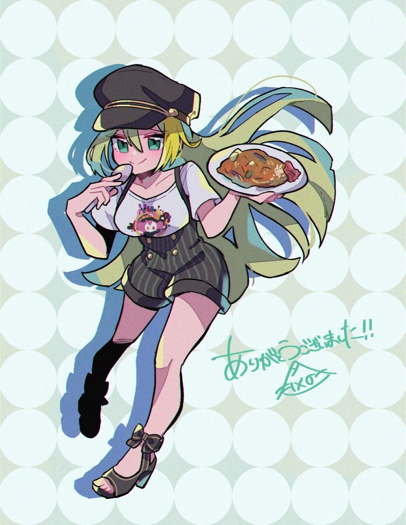 1girl alina_gray aqua_eyes black_hat blonde_hair coco_ichibanya curry curry_rice food full_body green_hair hair_between_eyes hat high_heels holding holding_plate holding_spoon long_hair looking_at_viewer magia_record:_mahou_shoujo_madoka_magica_gaiden mahou_shoujo_madoka_magica multicolored_hair official_alternate_costume overall_shorts overalls peaked_cap plate rice shirt sidelocks smile solo spoon standing streaked_hair t-shirt takenoko_mgrc very_long_hair white_shirt