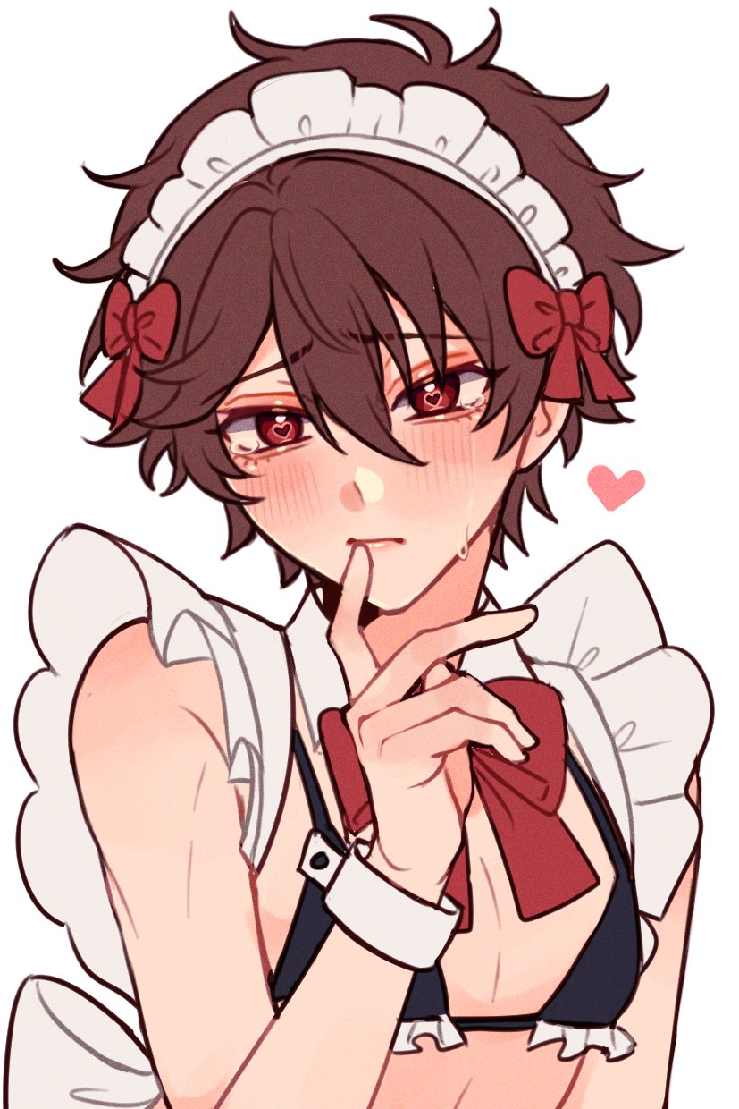 1boy bikini black_bikini blush brown_hair closed_mouth crossdressing crossdressing_(mtf) ensemble_stars! hair_between_eyes heart heart-shaped_pupils highres index_finger_raised male_focus morisawa_chiaki neki_(nekiansu0918) red_eyes short_hair simple_background sweatdrop swimsuit symbol-shaped_pupils upper_body white_background white_wrist_cuffs wrist_cuffs