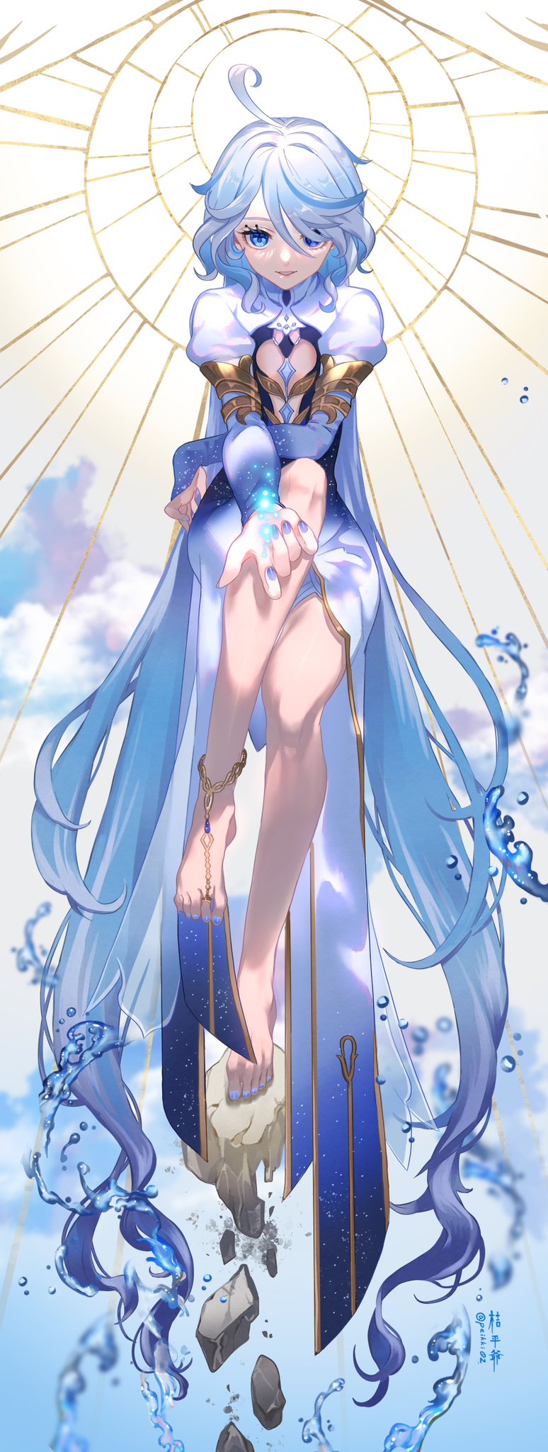 1girl ahoge anklet armlet artist_name barefoot blue_dress blue_eyes blue_hair blue_nails clothing_cutout cloud commentary_request dress drop-shaped_pupils eyelashes feet fingernails floating floating_rock furina_(genshin_impact) genshin_impact gradient_clothes gradient_dress gradient_hair gradient_sleeves hair_between_eyes hair_intakes heterochromia highres jewelry juliet_sleeves kippeijii knee_up long_hair long_sleeves looking_at_viewer mismatched_pupils multicolored_hair nail_polish outstretched_arm outstretched_hand parted_bangs parted_lips puffy_sleeves rock sky smile solo streaked_hair swept_bangs symbol-shaped_pupils toenail_polish toenails toes twitter_username very_long_hair water water_drop white_dress white_hair