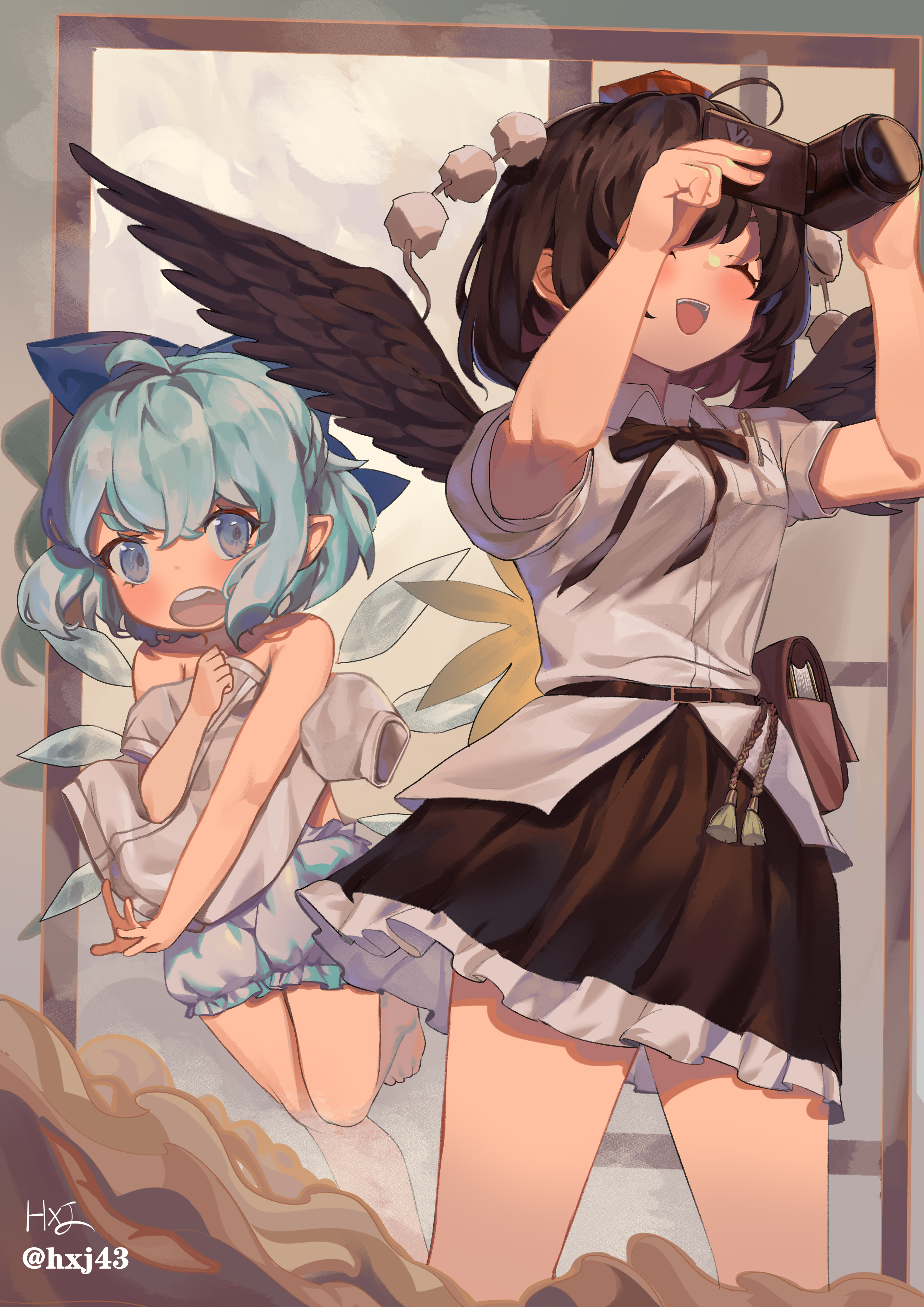 2girls absurdres ahoge bird_wings black_hair black_skirt black_wings bloomers blue_bow blue_eyes blue_hair bow camera cirno detached_wings frilled_skirt frills hair_bow hat highres holding holding_camera hxj_(2324184595) ice ice_wings multiple_girls pom_pom_(clothes) red_headwear shameimaru_aya shirt short_hair signature skirt tokin_hat topless_female touhou twitter_username underwear white_shirt wings