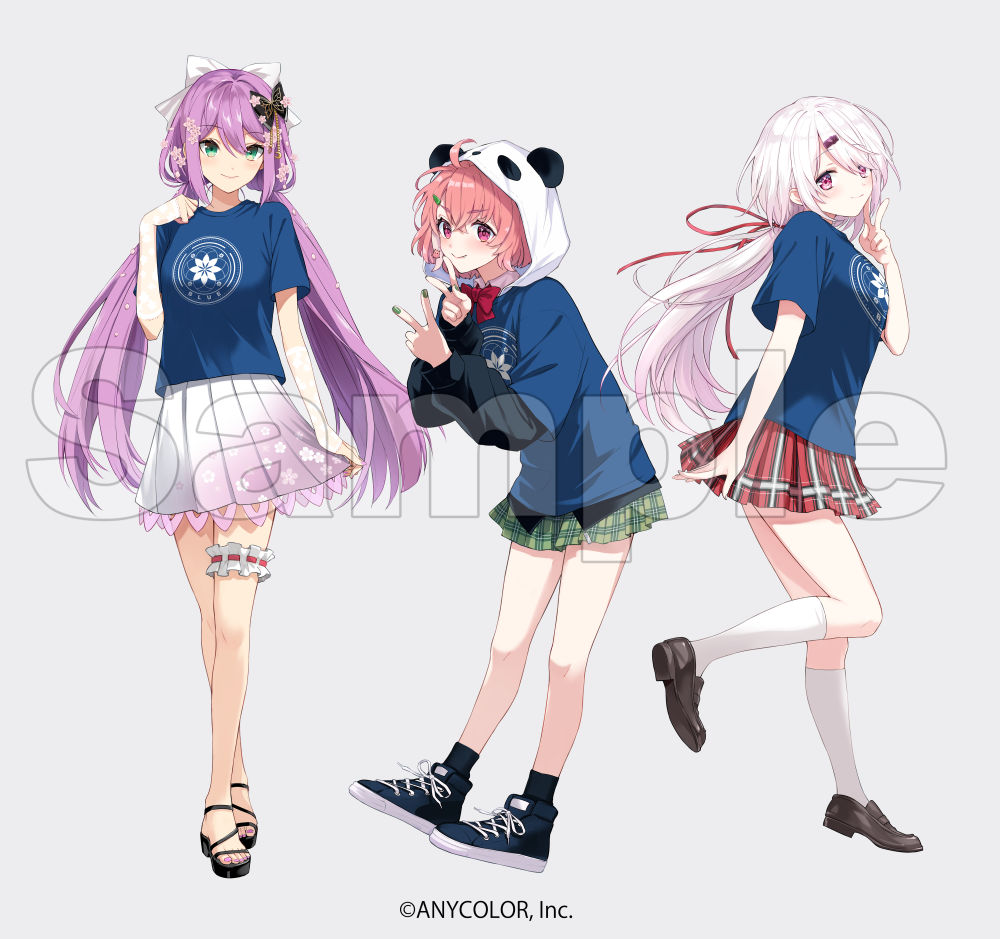 3girls ahoge animal_hood black_footwear black_socks blue_shirt bow double_v gradient_clothes gradient_skirt green_eyes green_nails hair_bow hair_ribbon hood loafers long_hair low_ponytail multiple_girls nijisanji official_art panda_hood pink_eyes pink_hair plaid_clothes plaid_skirt ponytail purple_hair red_skirt ribbon sakura_ritsuki sample_watermark sasaki_saku sawa_(3030sawa) shiina_yuika shirt shoes short_hair skirt smile sneakers socks standing standing_on_one_leg t-shirt twintails v virtual_youtuber watermark white_bow white_skirt white_socks