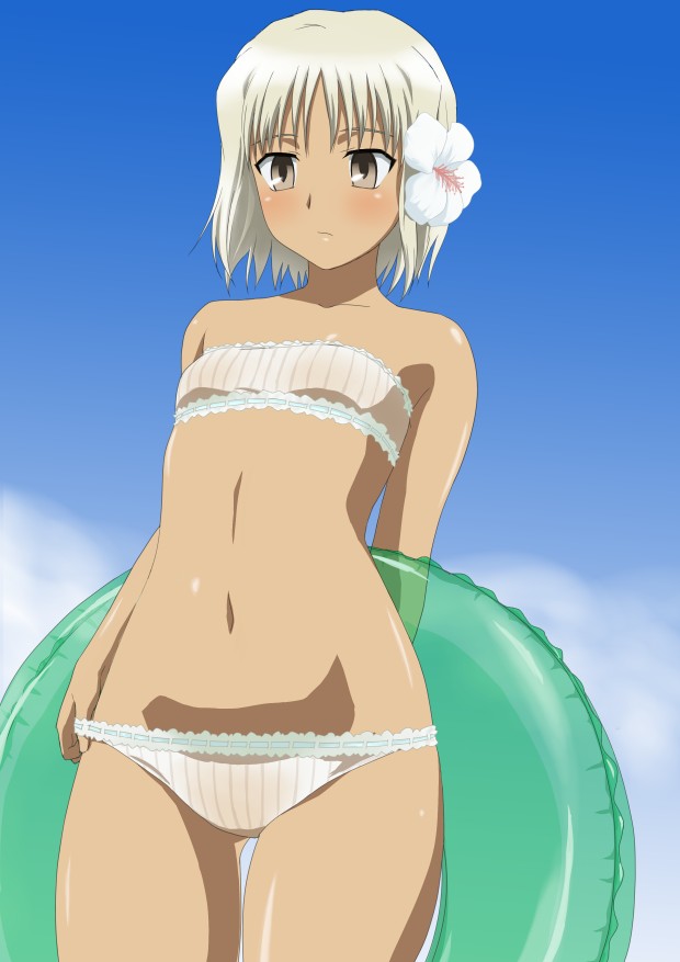 1girl 428 428:_fuusa_sareta_shibuya_de bare_shoulders bikini blonde_hair blush brown_eyes canaan_(character) canaan_(series) chunsoft cowboy_shot dark-skinned_female dark_skin day female_focus flat_chest flower hair_flower hair_ornament hibiscus innertube komatsu_(sakanae) navel short_hair sky solo swim_ring swimsuit