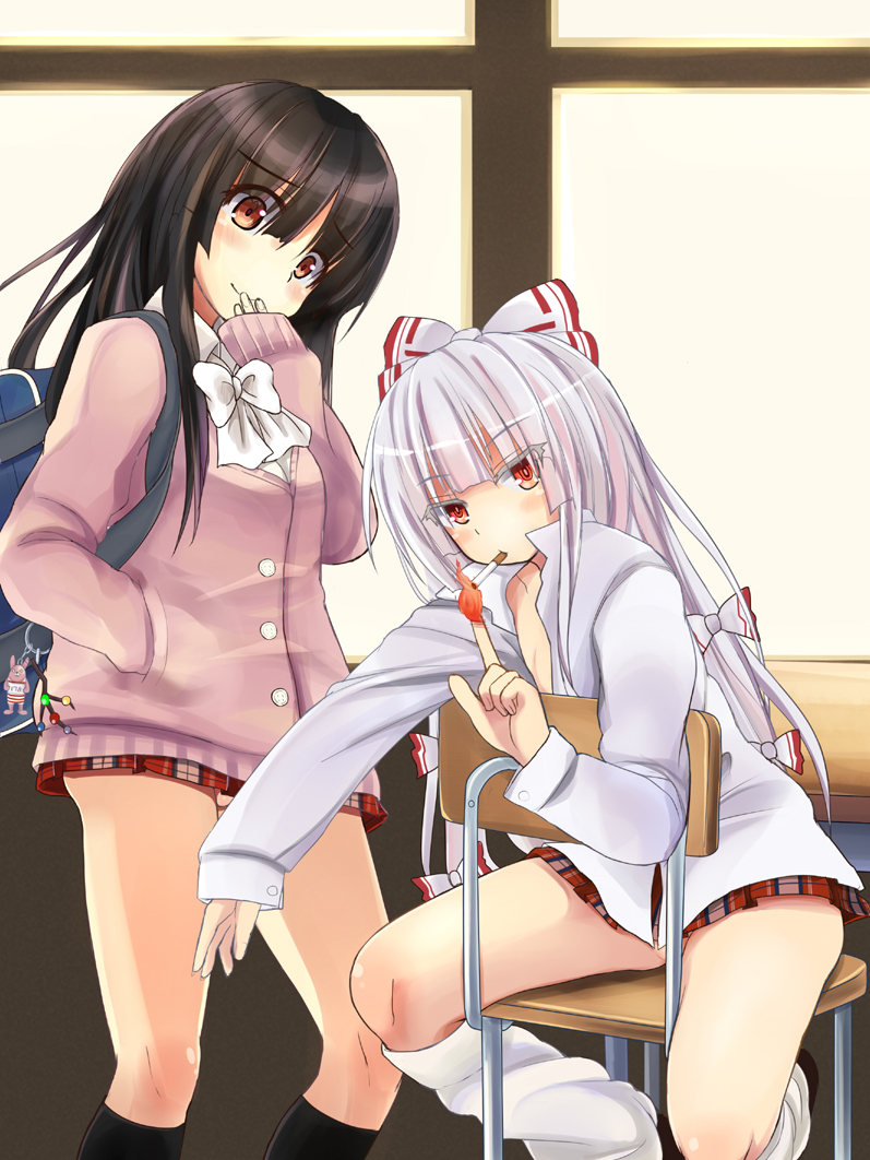 2girls alternate_costume backpack bag black_hair bow branch brown_eyes cardigan chair chair_censor charm_(object) cigarette comord contemporary convenient_censoring desk dress_shirt female_focus fire fujiwara_no_mokou hair_ribbon hand_in_pocket houraisan_kaguya jeweled_branch_of_hourai lighting_cigarette long_hair long_sleeves loose_socks microskirt miniskirt multiple_girls no_panties randoseru red_eyes ribbon school_uniform shirt silver_hair sitting sitting_backwards skirt sleeves_past_wrists smile smoking socks touhou very_long_hair