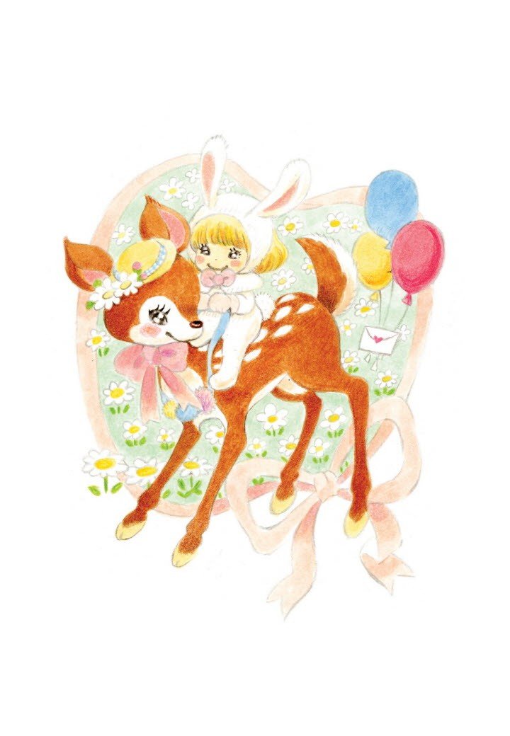 1girl animal animal_costume animal_ears balloon black_eyes blonde_hair blunt_bangs blush_stickers bob_cut bow bowtie bud child closed_mouth colorful daisy deer dot_nose eyelashes fake_animal_ears field floral_background flower flower_field full_body hat hat_flower heart heart_background holding holding_reins kawamoto_momo leaf letter love_letter neck_ribbon pale_color pastel_colors pink_bow pink_ribbon plaid_clothes plaid_headwear pom_pom_(clothes) rabbit_costume rabbit_ears rabbit_tail reins ribbon riding sangatsu_no_lion short_hair simple_background smile solo sun_hat tail umino_chika white_background white_flower