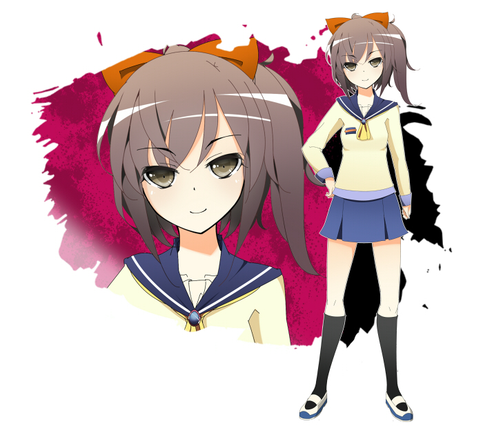 1girl bow brown_eyes brown_hair corpse_party female_focus hair_bow hand_on_own_hip kirisaki_touko long_hair school_uniform side_ponytail smile solo