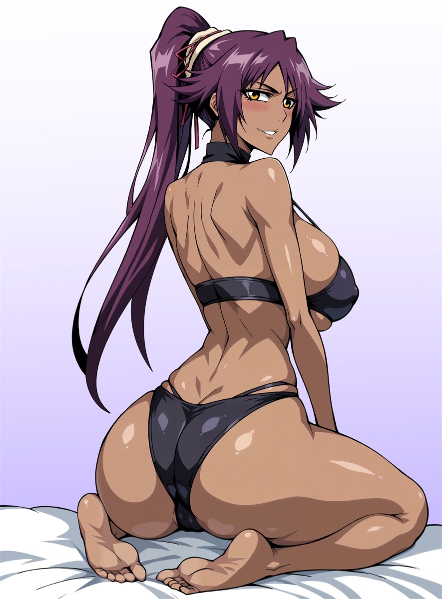 1girl bare_back bare_shoulders barefoot bikini bleach blush breasts dark-skinned_female dark_skin female_focus hair_ornament highres large_breasts long_hair looking_at_viewer ponytail purple_hair shihouin_yoruichi shiny_skin sitting swimsuit teeth thighs yellow_eyes yxyyxy