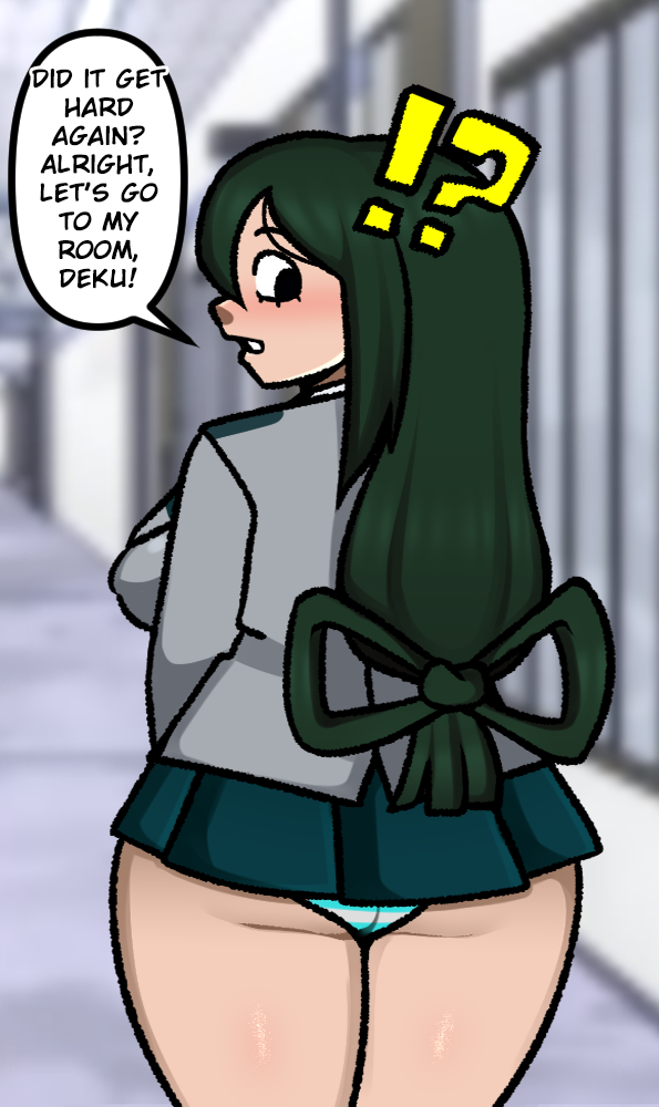!? 1girl ass ass_focus asui_tsuyu boku_no_hero_academia breasts deku english_text huge_ass imminent_penetration long_hair looking_at_viewer looking_back medium_breasts midoriya_izuku miniskirt panties pov sexually_suggestive skirt speech_bubble steca talking talking thelazyart thick_thighs thighs underwear