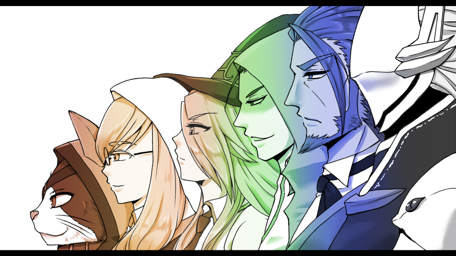 2girls 4boys aged_down arc_system_works armor artist_request blazblue blazblue_phase_0 cat eyepatch facial_hair glasses hair_over_one_eye hakumen hat hood jubei_(blazblue) konoe_a._mercury long_hair mask monochrome multiple_boys multiple_girls open_mouth short_hair simple_background smile trinity_glassfield valkenhayn_r_hellsing witch_hat yuuki_terumi