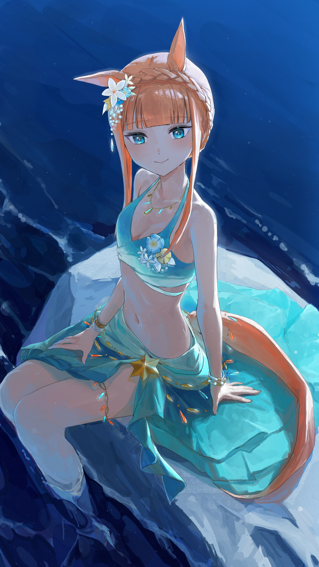 1girl animal_ears aqua_sarong bare_shoulders bikini blunt_bangs blunt_tresses braid breasts cleavage commentary crown_braid ear_flower flower_on_chest from_above gradient_bikini gradient_sarong highres horse_ears horse_girl horse_tail jyakku official_alternate_costume official_alternate_hairstyle partially_submerged sarong silence_suzuka_(emerald_on_the_waves)_(umamusume) silence_suzuka_(umamusume) sitting small_breasts smile solo tail umamusume