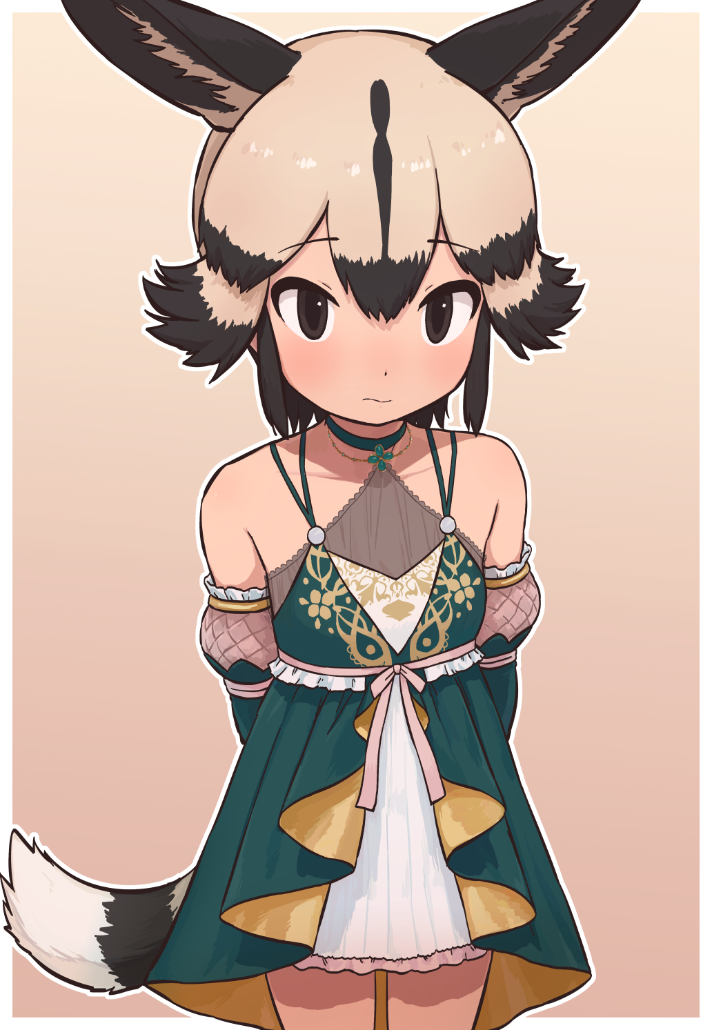 1girl african_wild_dog_(kemono_friends) animal_ears animal_print bare_shoulders black_hair blush bow dog_ears dog_tail dress elbow_gloves gloves highres kemono_friends kemono_friends_3 looking_at_viewer multicolored_hair official_alternate_costume rumenia_(ao2is) short_hair sleeveless sleeveless_dress solo tail