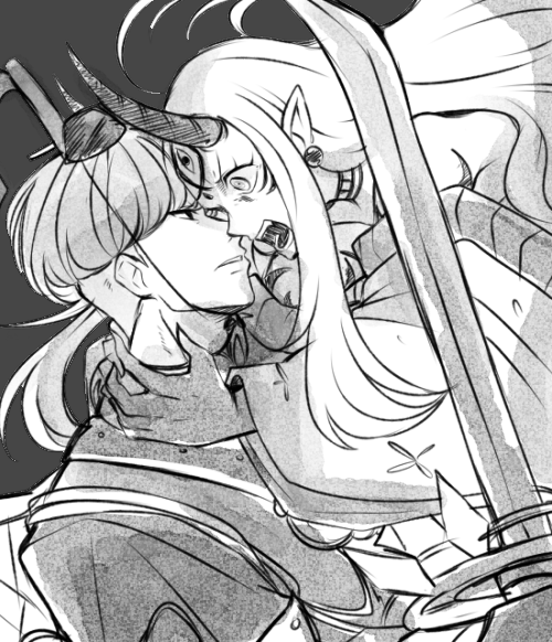 1boy 1girl bowl_cut commentary_request demon_horns earrings facial_tattoo fate/grand_order fate_(series) forehead_tattoo full-body_tattoo greyscale hat holding holding_sword holding_weapon horns ibaraki_douji_(fate) japanese_clothes jewelry long_hair monochrome pointy_ears sword tattoo underwear uni_(unnny) watanabe_no_tsuna_(fate) weapon wide_sleeves