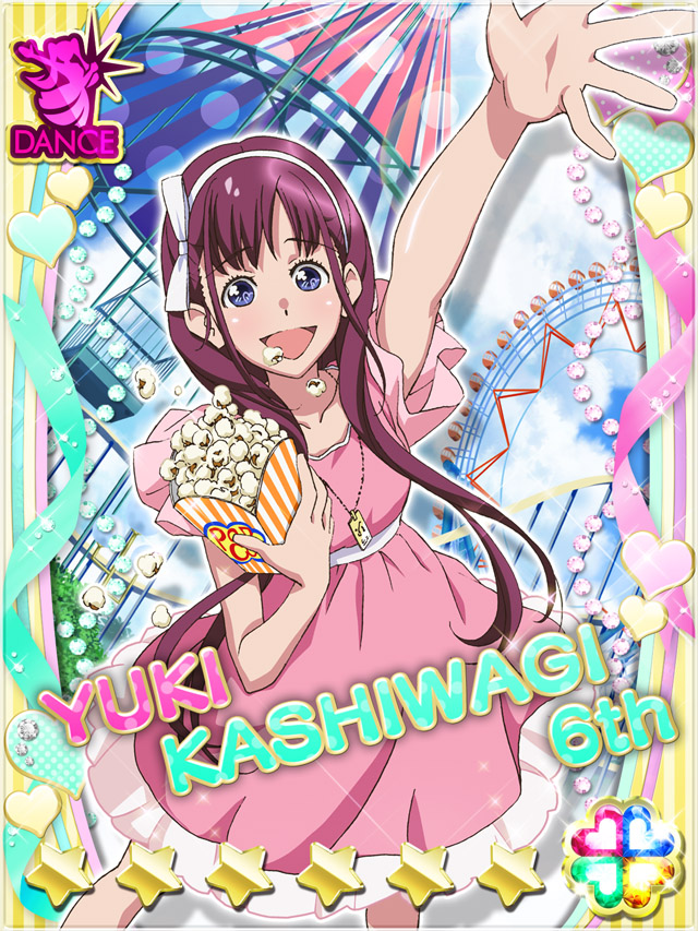 1girl :d akb0048 blue_eyes bow card_(medium) character_name dress dutch_angle fanged_bangs feet_out_of_frame ferris_wheel food from_above hair_bow hairband heart holding holding_food jewelry kashiwagi_yuki_(akb0048) long_hair looking_at_viewer medium_dress necklace non-web_source official_art open_mouth outdoors outstretched_arm pink_dress popcorn purple_hair roller_coaster short_sleeves smile solo sparkle standing star_(symbol) white_bow white_hairband
