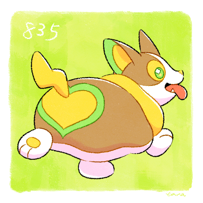 animal_focus border colored_sclera commentary_request dog full_body game_freak gen_8_pokemon green_background green_eyes nintendo no_humans open_mouth pawpads pokedex_number pokemon pokemon_(creature) solo taiyakineco tongue tongue_out white_border yamper yellow_sclera
