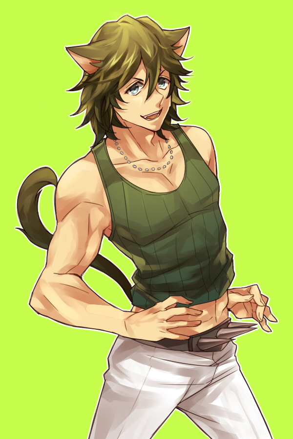 10s 1boy animal_ears bad_id bad_pixiv_id cat_ears cat_tail green_hair kemonomimi_mode kill_la_kill male_focus mojya sanageyama_uzu solo tail