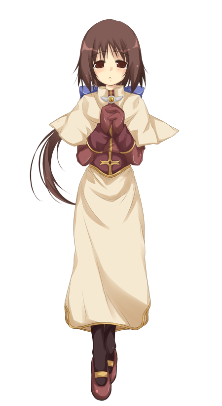 1girl acolyte_(ragnarok_online) black_socks blue_bow blush bow brown_eyes brown_gloves brown_hair brown_shirt brown_shoes capelet closed_mouth frown full_body gloves hair_bow half-closed_eyes large_variant_set long_hair long_skirt long_sleeves low_ponytail mary_janes official_art own_hands_together ponytail ragnarok:_guild_masters ragnarok_online shirt shoes simple_background skirt socks solo standing transparent_background variant_set white_capelet white_skirt yumesato_makura