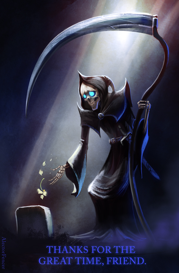 alectorfencer death_(discworld) death_(entity) discworld flower grim_reaper hood sad scythe skeleton skull terry_pratchett tombstone weapon