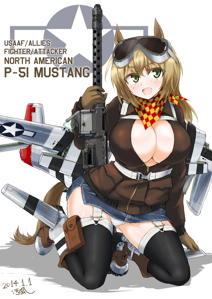 1girl aircraft airplane animal_ears bad_id bad_pixiv_id blonde_hair breasts dakku_(ogitsune) escort_fighter female_focus green_eyes gun large_breasts long_hair mecha_musume military military_uniform original p-51_mustang panties pantyshot personification skirt solo strike_witches tail thighhighs underwear upskirt weapon world_war_ii world_witches_series
