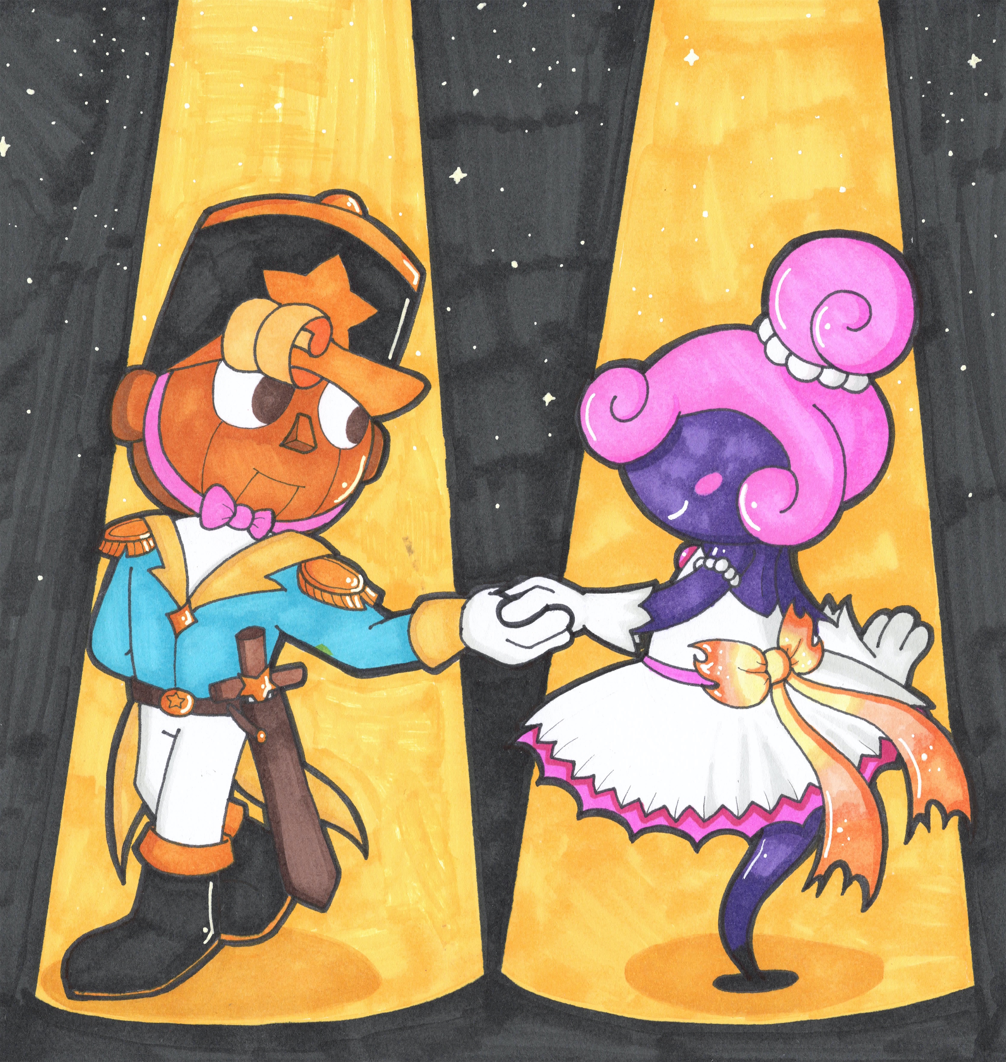 1boy 1girl absurdres belt black_footwear black_headwear blonde_hair blue_suit blush_stickers boots bow brown_eyes clara_(the_nutcracker) collared_coat collared_jacket colored_skin cosplay dancing doll_joints dress dress_bow epaulettes formal_clothes geno_(mario) ghost_tail gloves hat highres holding_hands jacket joints kepi light_blue_jacket mario_(series) marker_(medium) military_hat miss_d nintendo off-shoulder_dress off_shoulder pants paper_mario paper_mario:_the_thousand_year_door pearl_hair_ornament pink_hair puppet purple_skin star_(symbol) star_print suit super_mario_rpg sword the_nutcracker the_nutcracker_(character) topknot toy_soldier traditional_media updo vivian_(paper_mario) waltz_(dance) weapon white_dress white_gloves white_pants wooden_sword yellow_bow