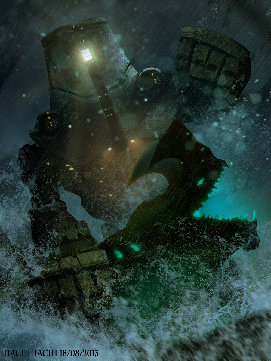 bad_id bad_pixiv_id battle cherno_alpha delant glowing glowing_eyes glowing_mouth hachifuku highres jaeger_(pacific_rim) kaiju legendary_pictures light_particles mecha monster no_humans ocean otachi pacific_rim pan_pacific_defense_corps rain realistic robot science_fiction water waves