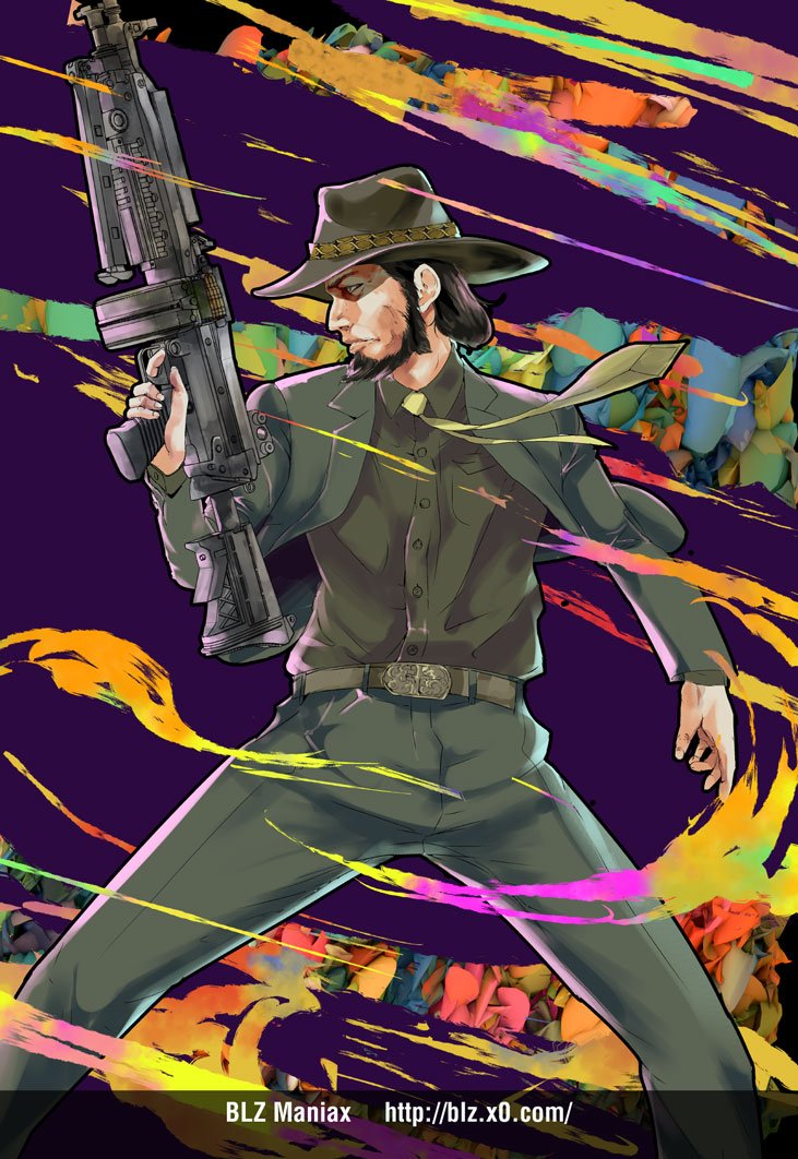 1boy ammunition_box artist_name beard belt belt_buckle bipod black_hair black_jacket black_shirt blz buckle circle_name closed_mouth cowboy_shot facial_hair fedora feet_out_of_frame finger_on_trigger fn_minimi from_side grey_belt gun hat holding holding_gun holding_weapon jacket jigen_daisuke legs_apart light_machine_gun long_sleeves looking_to_the_side lupin_iii machine_gun necktie purple_background rifle shirt sideburns solo standing watermark weapon web_address yellow_necktie