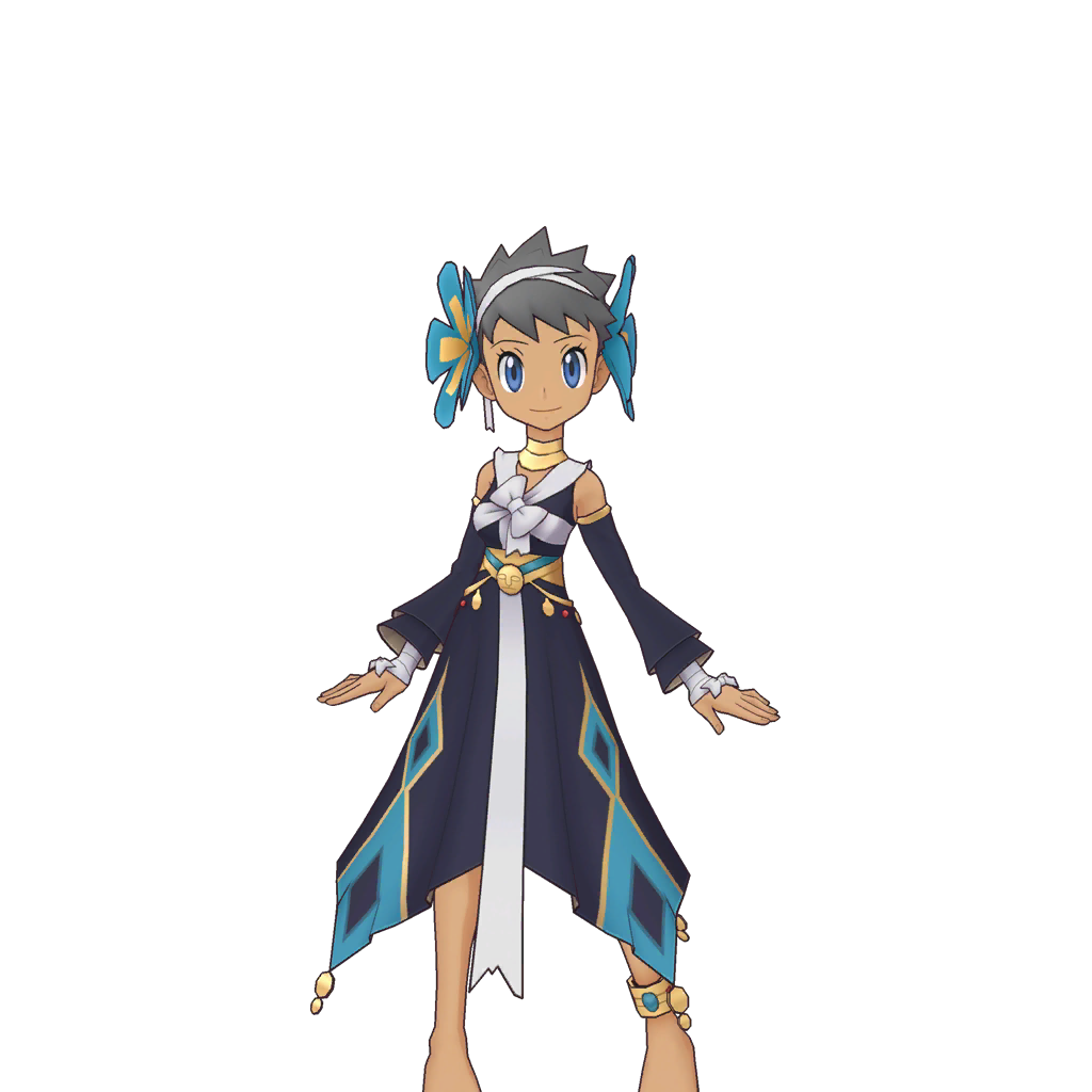 1girl alternate_costume anklet bare_legs barefoot blue_eyes dark-skinned_female dark_skin detached_sleeves elite_four feet flower flower_on_head halloween halloween_costume jewelry nintendo official_alternate_costume official_art phoebe_(fall_2023)_(pokemon) phoebe_(pokemon) pokemon pokemon_masters_ex short_hair smile
