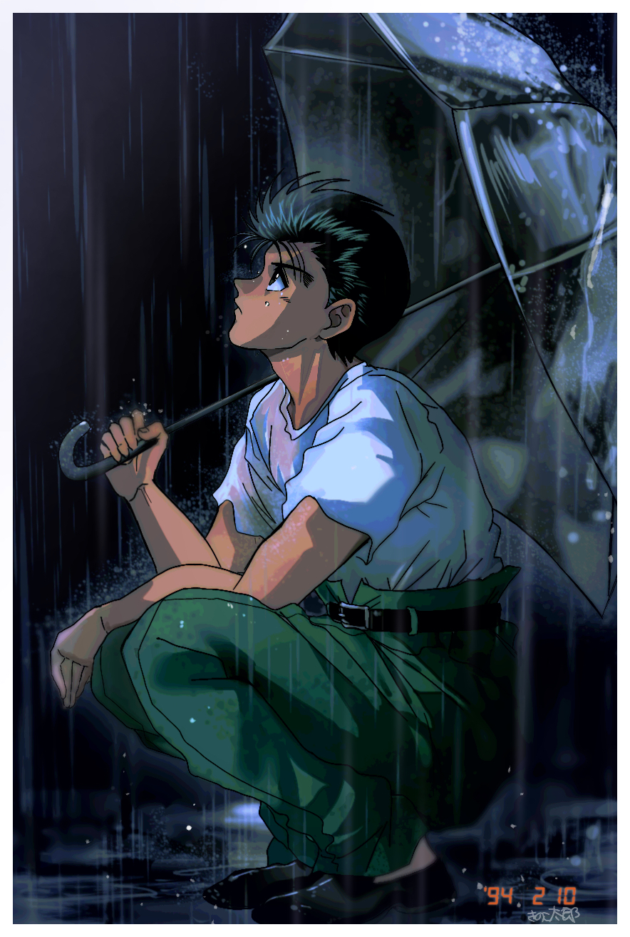 1boy black_footwear black_hair expressionless from_side full_body green_gakuran green_pants hiei4455 highres holding holding_umbrella looking_up male_focus no_jacket pants profile rain sarayashiki_junior_high_school_uniform school_uniform shirt short_hair short_sleeves solo squatting transparent transparent_umbrella umbrella urameshi_yusuke white_shirt yuu_yuu_hakusho