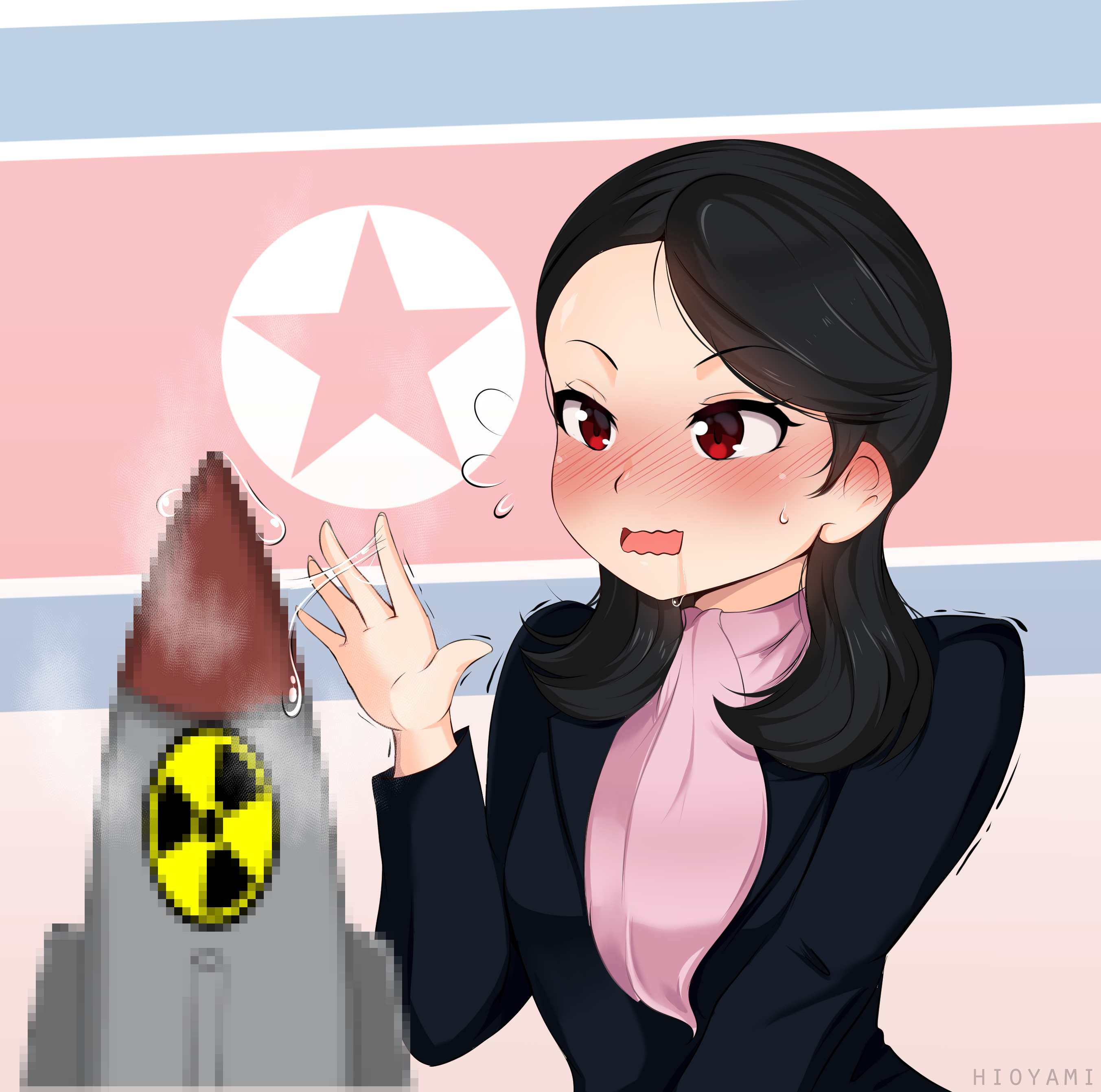 1girl absurdres black_hair black_jacket blush censored commentary dictator drooling english_commentary fake_censor female_focus flying_sweatdrops hand_up highres hioyami jacket kim_yo-jong long_hair missile mosaic_censoring north_korea north_korean_flag nuclear_weapon open_mouth phallic_symbol pink_neckwear radiation_symbol real_life red_eyes sexually_suggestive solo suggestive_fluid upper_body wavy_mouth