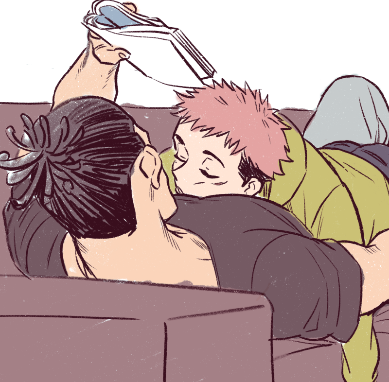 2boys bara black_hair couch couple itadori_yuuji jujutsu_kaisen large_pectorals lying male_focus multiple_boys muscular muscular_male on_back on_couch pectoral_pillow pectorals reading short_hair sleeping sleeping_on_person toudou_aoi_(jujutsu_kaisen) undercut wa_(chichi_chichin) yaoi